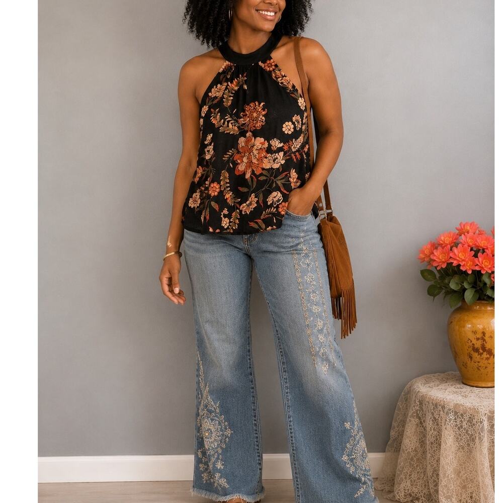 Free People Floral Halter Tank Boho Small Cotton Black Cottage Core